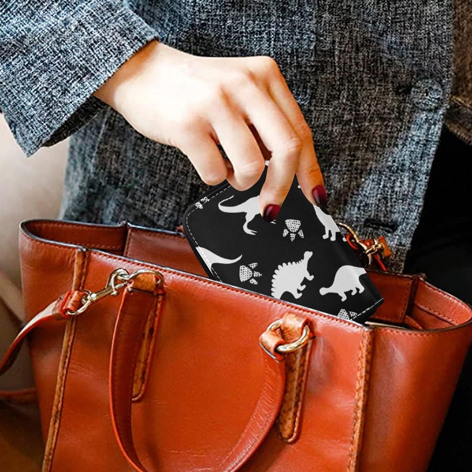 Dino Open Mouth Scary Teeth RFID Blocking Leather Credit Card Holder - Compact Women's Wallet with Zipper Pouch & Key Organizer for Coins, Cards & Cash - Perfect for Travel, Shopping & Everyday Use