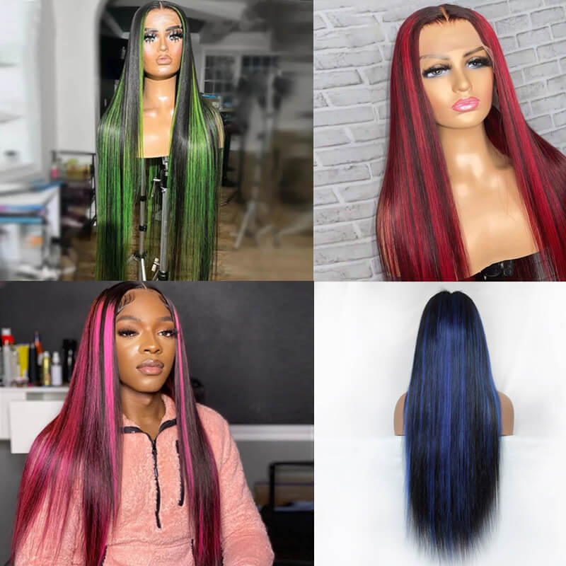 Eullair Red Blue Green Balayage Highlight Straight Lace Frontal Wig for Women - Peekaboo Highlights Human Hair Wig for Daily Wear & Cosplay