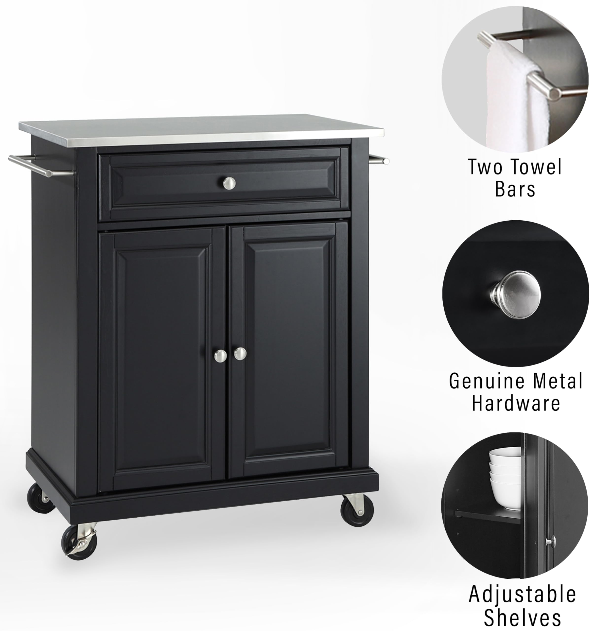 Crosley Black Compact Kitchen Island with Stainless Steel Top - Perfect for Small Kitchens, Apartments & Breakfast Bars