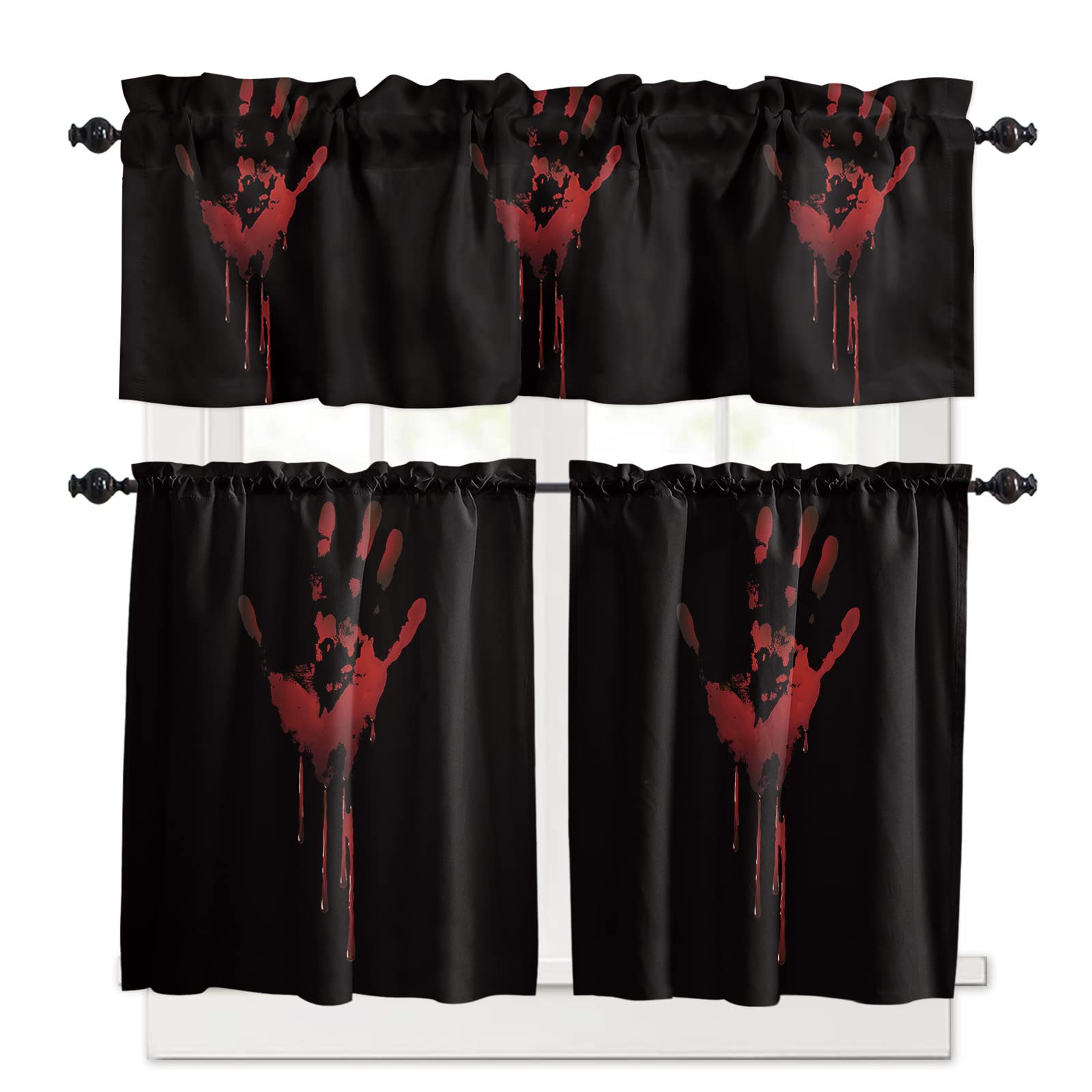 3-Piece Kitchen Window Curtain Set with Halloween Bloody Hand Design - Light Filtering Valance & Tier Panels for Bathroom, Living Room & Kitchen Decor | Perfect for Spooky Seasonal Home Decor