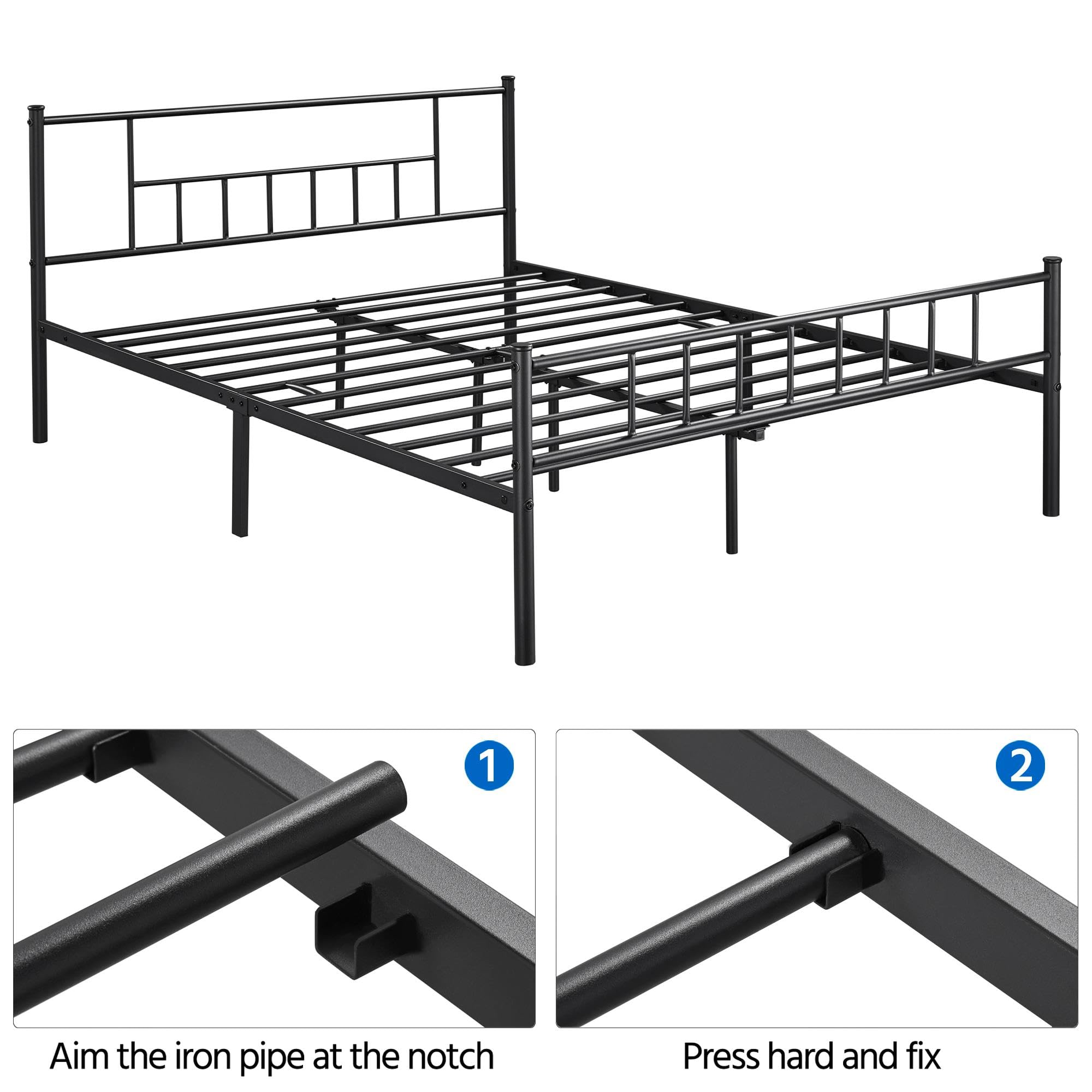 Yaheetech Black Wrought Iron Double Bed Frame with Vertical Tube Headboard & Metal Slats - 160x200cm (63x79 inches) Queen Size Bed for Bedroom, Guest Room, Dorm - Sturdy Metal Platform Bed with Noise-Free Support