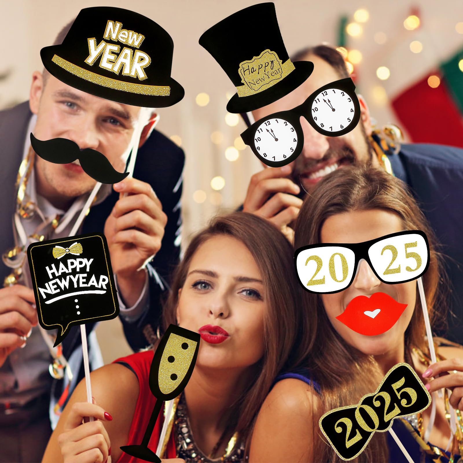 36Pcs New Year's Eve Photo Booth Props 2025 - Gold Glitter Party Decorations for NYE Celebrations, New Year Countdown & Holiday Parties - Perfect for New Year's Eve Decor, Social Media Photos & Family Gatherings