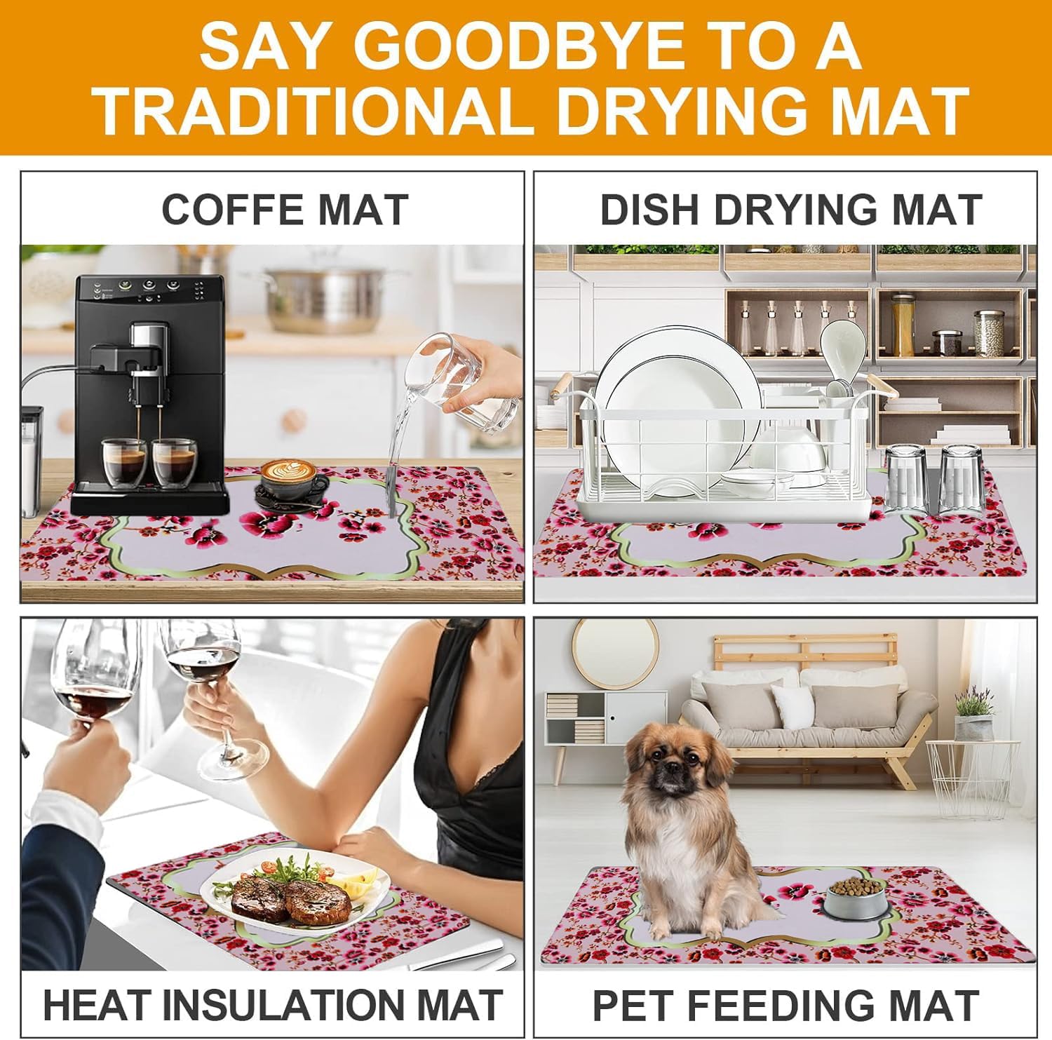 IVAZA Large Absorbent Dish Drying Mat for Kitchen - Non-Slip Silicone Drying Pad for Dishes, Utensils & Cookware - Quick Dry Waterproof Kitchen Mat with Pink Floral Design - Perfect for Countertops, Sinks & Dish Racks