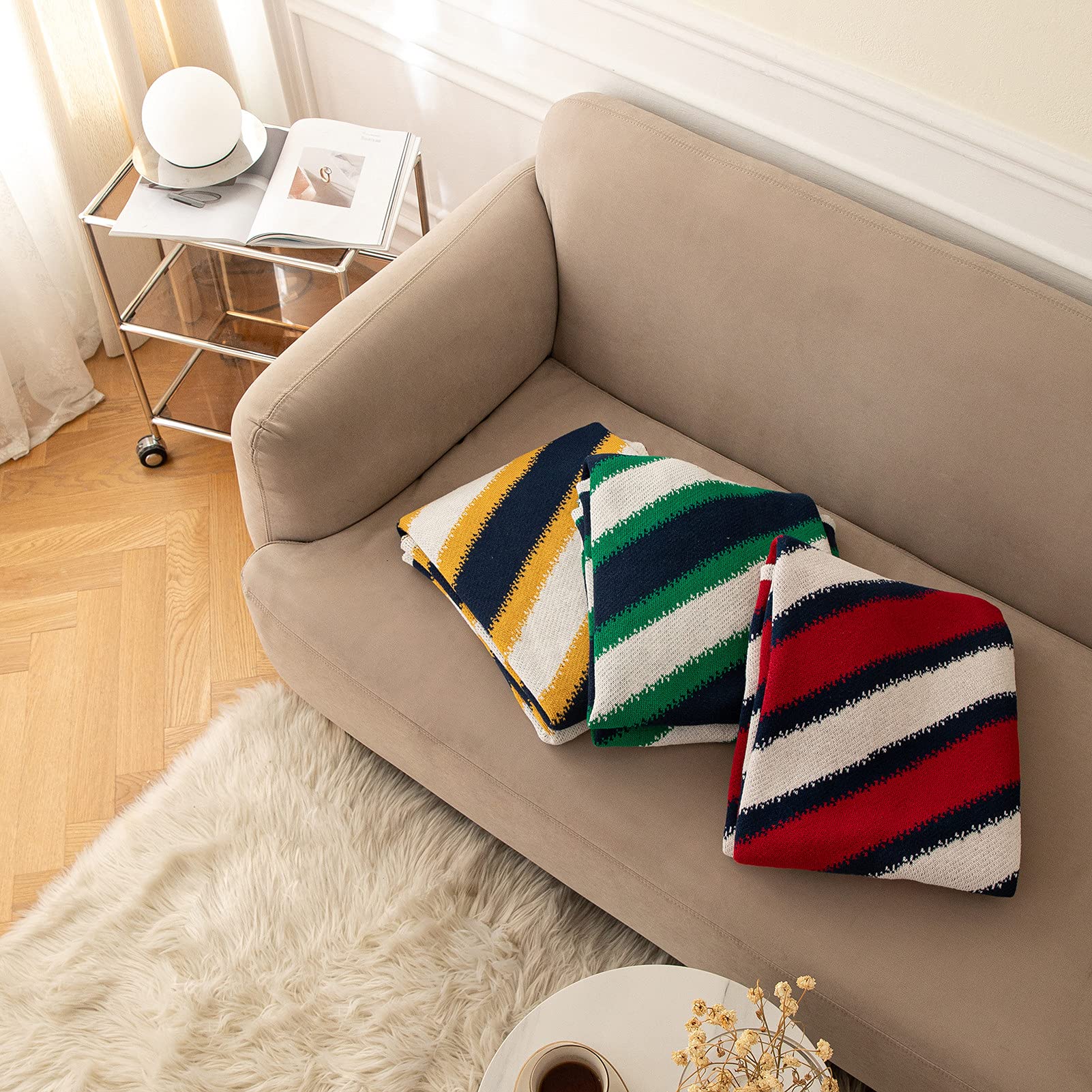 100% Cotton Striped Knit Throw Blanket - Ultra Soft Lightweight Geometric Blanket for Couch, Sofa & Bed - Cozy Decorative Blanket for Women, Men & Kids - Perfect for Lounging, Gifting & Home Decor (Yellow)