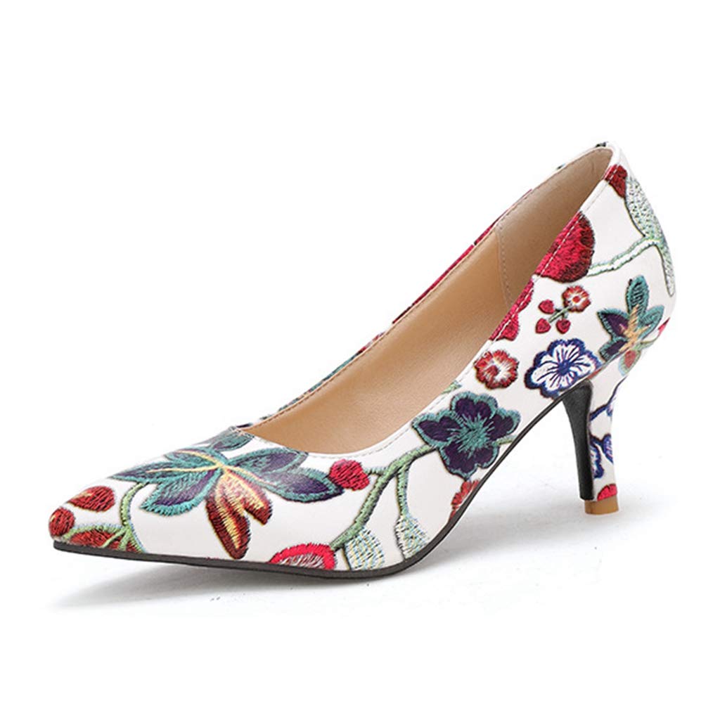Mioke Women's Retro Embroidered Floral Kitten Heel Pumps - Pointed Toe Slip-On Stiletto Dress Shoes for Wedding, Party & Office | Elegant Vintage Style