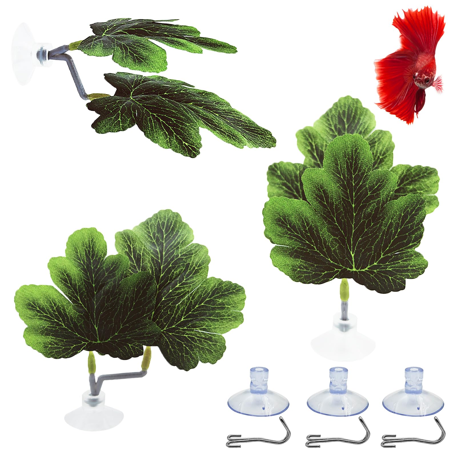 Natural Betta Leaf Hammocks with Suction Cup - 3pcs Aquarium Decor for Fish Tank, Plastic Plants for Spawning Breeding & Resting Bed - Multi-Leaf Design (Green) | Perfect for Betta Fish Habitat & Aquascaping Decorations