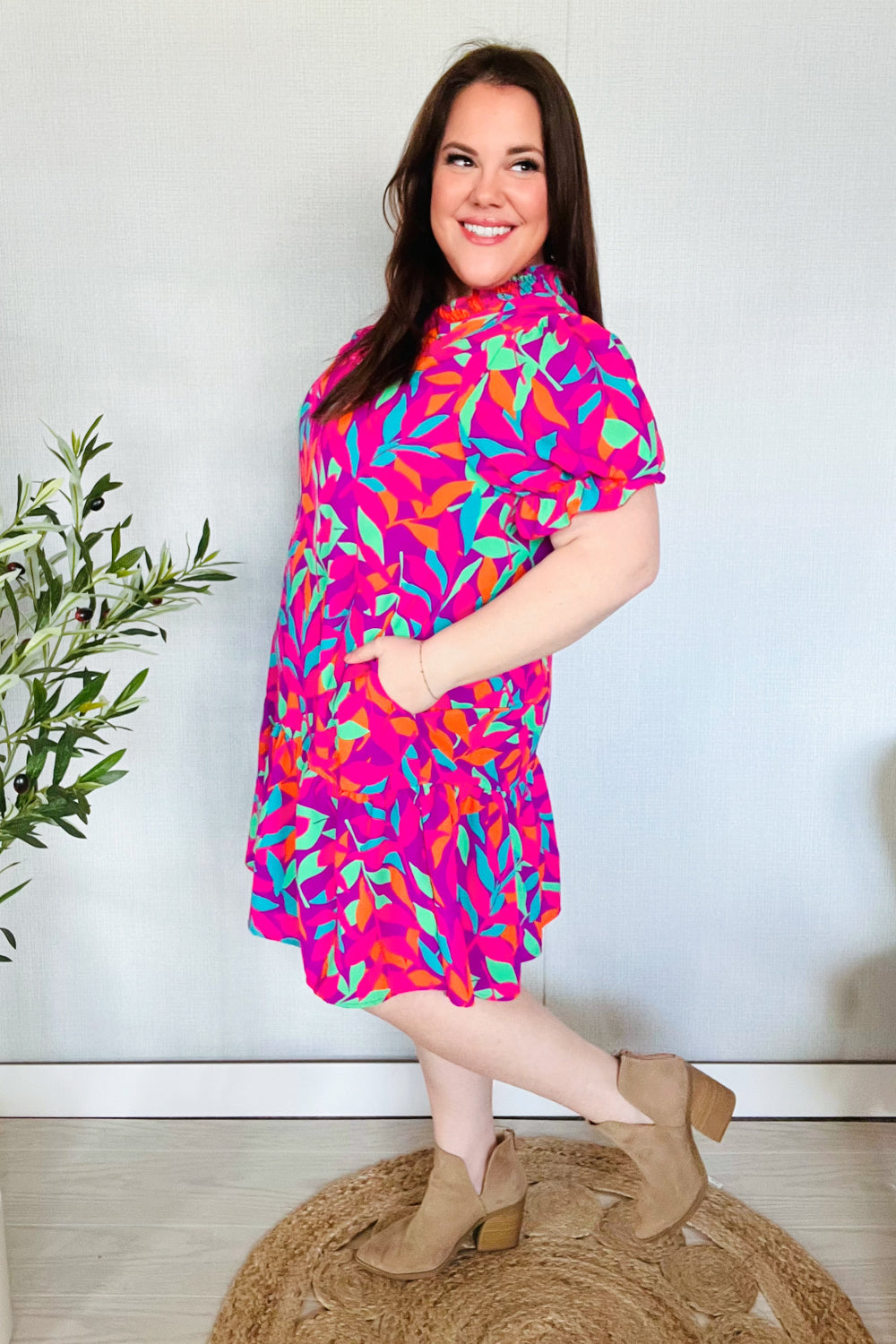 Fuchsia Tropical Leaf Print Woven Ruffle Hem Dress with Pockets - Women's Summer Beach Dress for Vacation, Party & Casual Wear