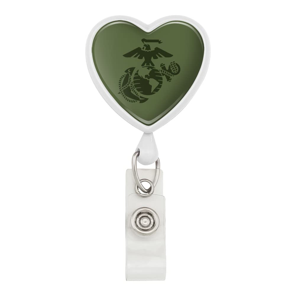 USMC Marines Green Logo Heart Lanyard with Retractable Reel - Military ID Badge Holder for Work, School & Events | Perfect for Security, Office & Military Personnel