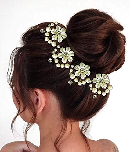 Pearl Flower Hair Pin Set of 4 - Silver Floral Hair Clips for Long & Short Hair, Wedding Bun Pins, Bridal Hair Accessories - Perfect for Weddings, Prom, Parties & Special Occasions