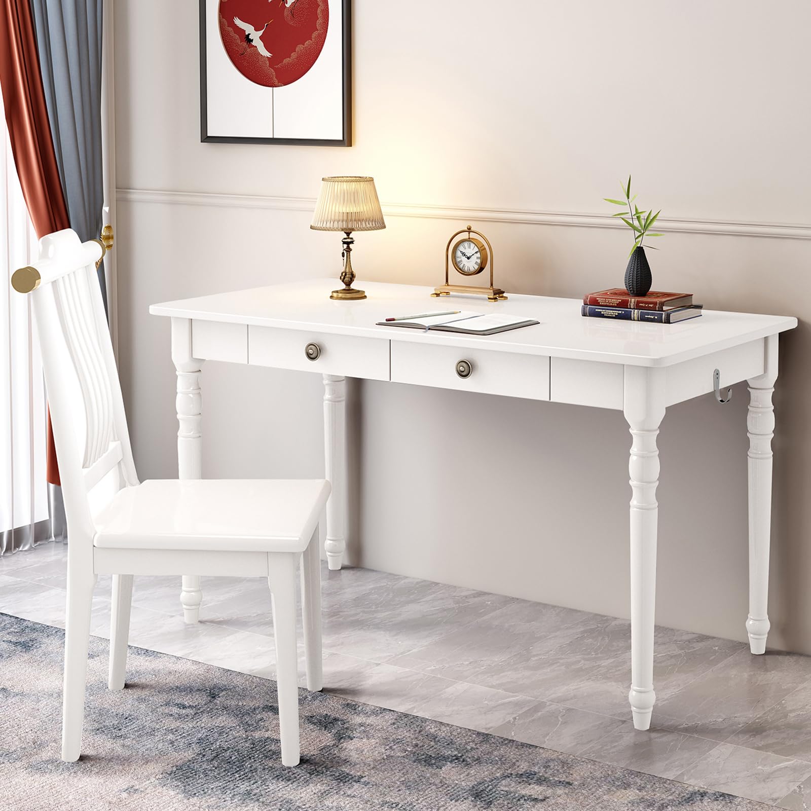 Kids Study Desk and Chair Set - Solid Rubber Wood Writing Table with Storage Drawers for Children's Room, Homeschooling & Learning Activities (White, 39.4