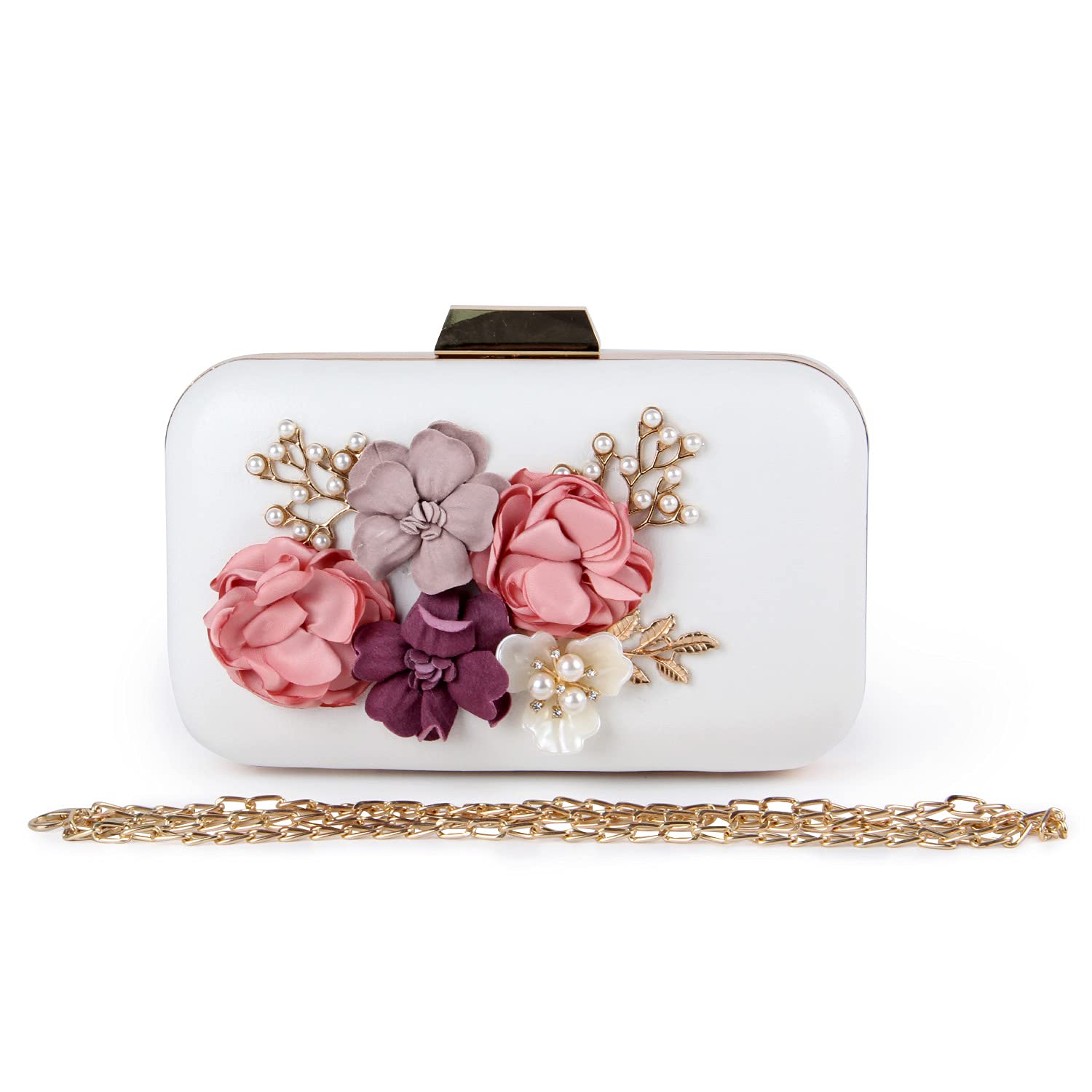 Stylish Women's Floral Clutch Bag - Elegant Evening Handbag with Wallet Compartment, White - Perfect for Parties, Weddings & Formal Events