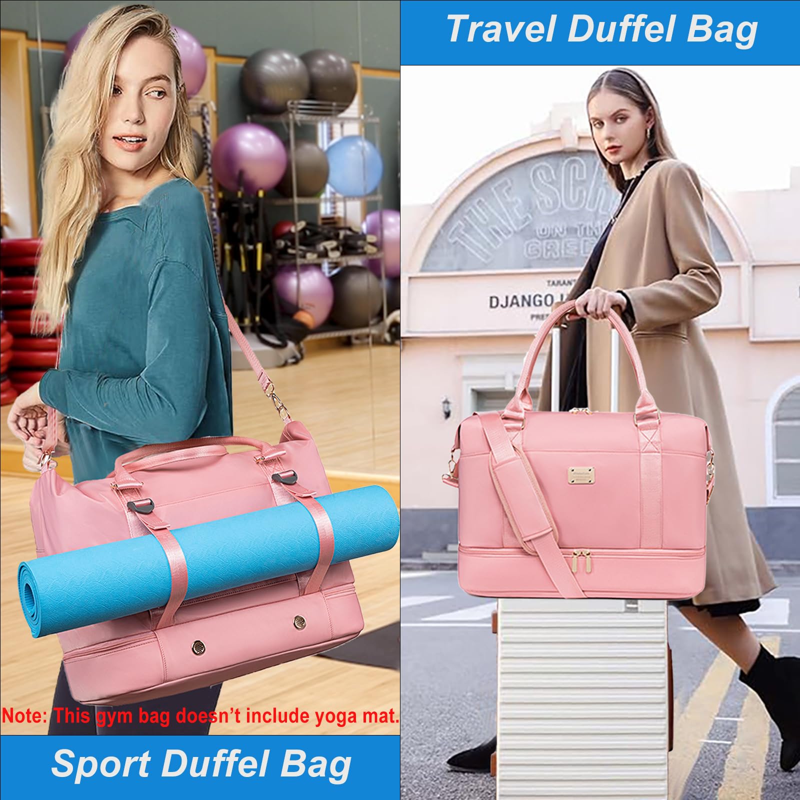 Weiatas Travel Duffel Bag for Women - Lightweight Weekender Overnight Gym Bag with Shoe Compartment & Wet Pocket, Carry On Luggage with Yoga Mat Strap (Grey) - Perfect for Gym, Yoga, Weekend Trips & Air Travel