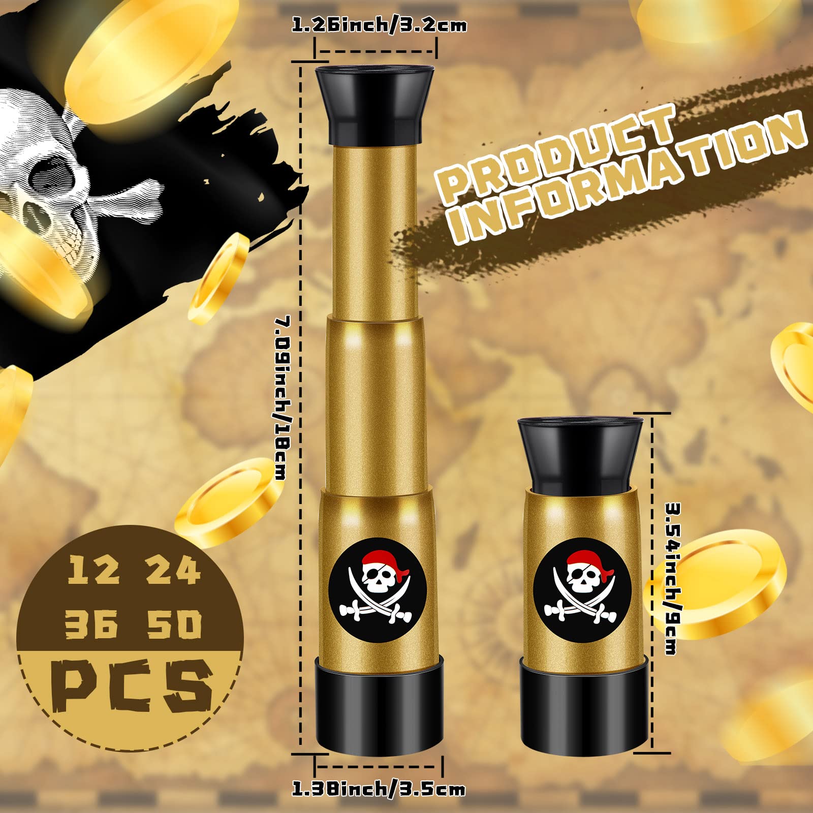 24 Pack Bulk Pirate Telescopes for Kids - Mini Spyglass Toy Set for Pirate Ship Treasure Hunt, Halloween & Birthday Party Favors - Perfect for Pretend Play, Dress Up & Adventure Themed Parties