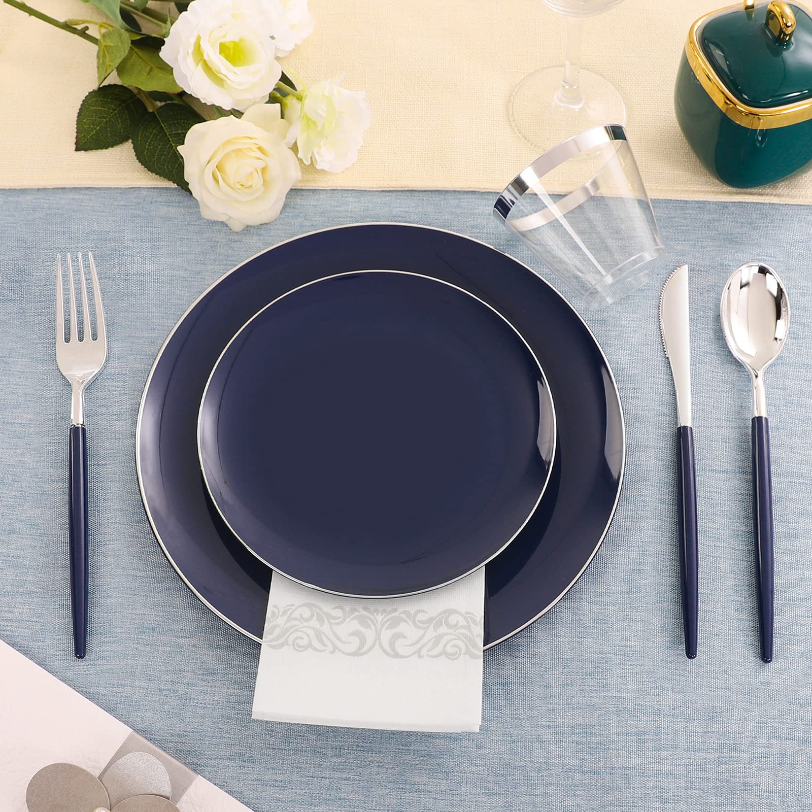 KIRE 175-Piece Blue Plastic Dinnerware Set with Silver Rim - Disposable Plates, Silverware, Cups & Napkins for 4th of July Party, BBQ, Picnic & Outdoor Events