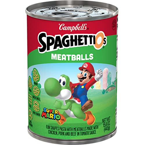 Super Mario Bros SpaghettiOs with Meatballs - Canned Pasta for Kids & Adults (15.6 oz) | Fun Lunch Box Snack, Quick Family Meal & Party Food Idea