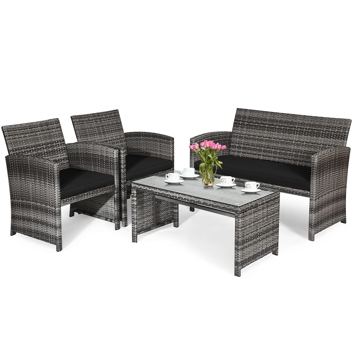HAPPYGRILL 4-Piece Patio Conversation Set with Soft Cushions - PE Wicker Rattan Furniture Set with Coffee Table & Sofa Chairs - Outdoor Garden, Poolside, Porch, Backyard Lounge Set for Relaxing & Entertaining