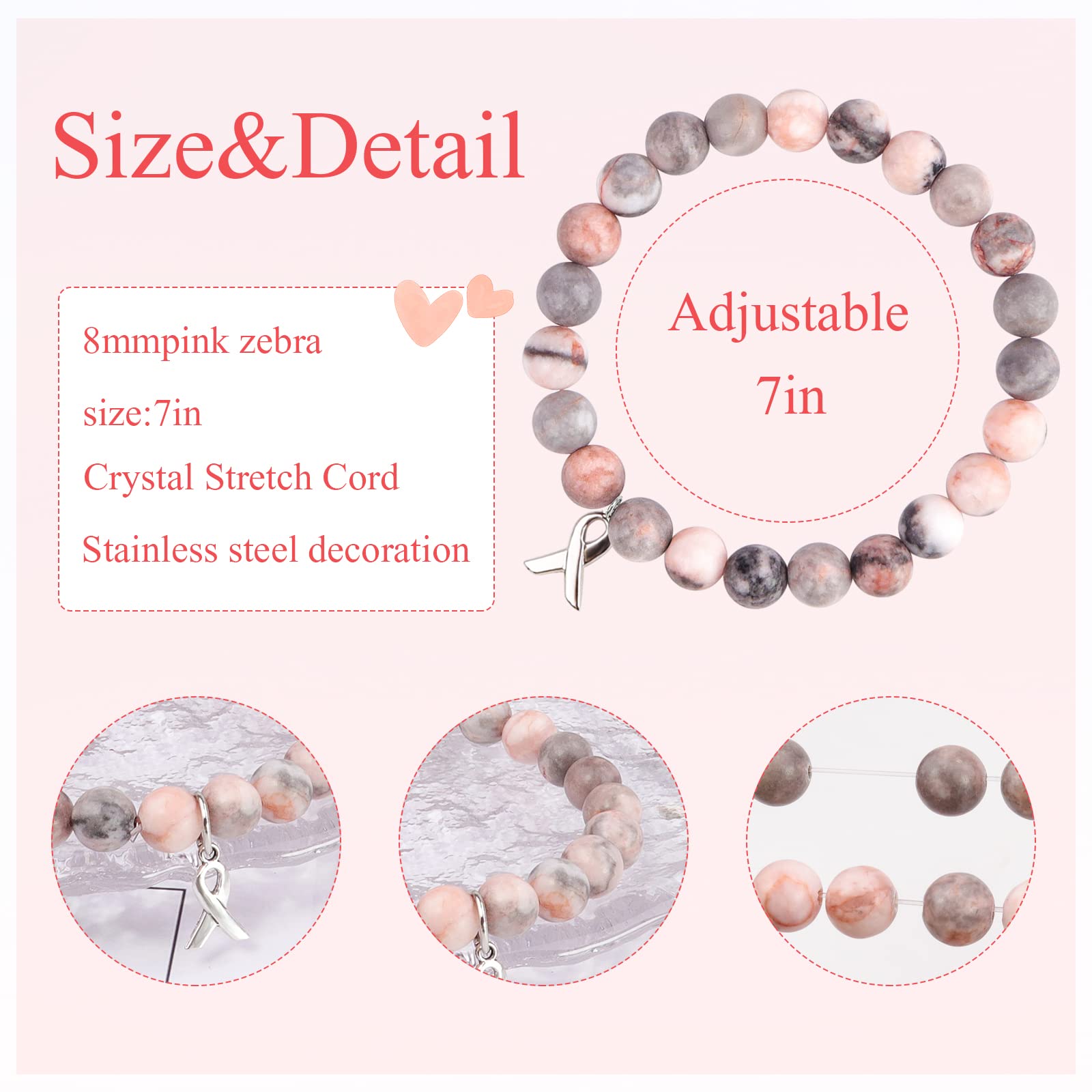 Breast Cancer Awareness Bracelets for Women - Natural Stone Beaded Inspirational Jewelry Gifts for Sister, Best Friend & Girls | Support Survivors, Show Solidarity & Spread Hope