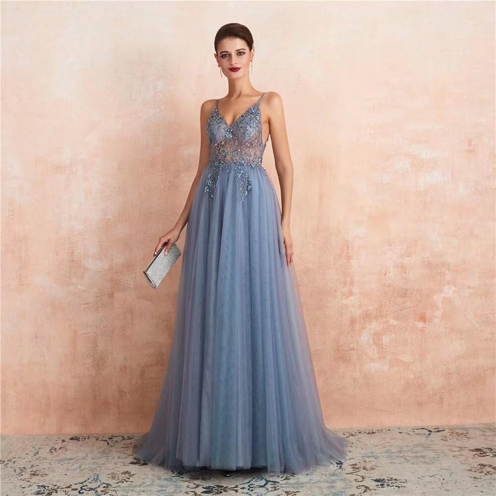 Elegant V-Neck Beaded Tulle Prom Dress for Women - Long Evening Gown with High Slit for Wedding, Party & Special Occasions | Perfect for Homecoming, Formal Events & Red Carpet