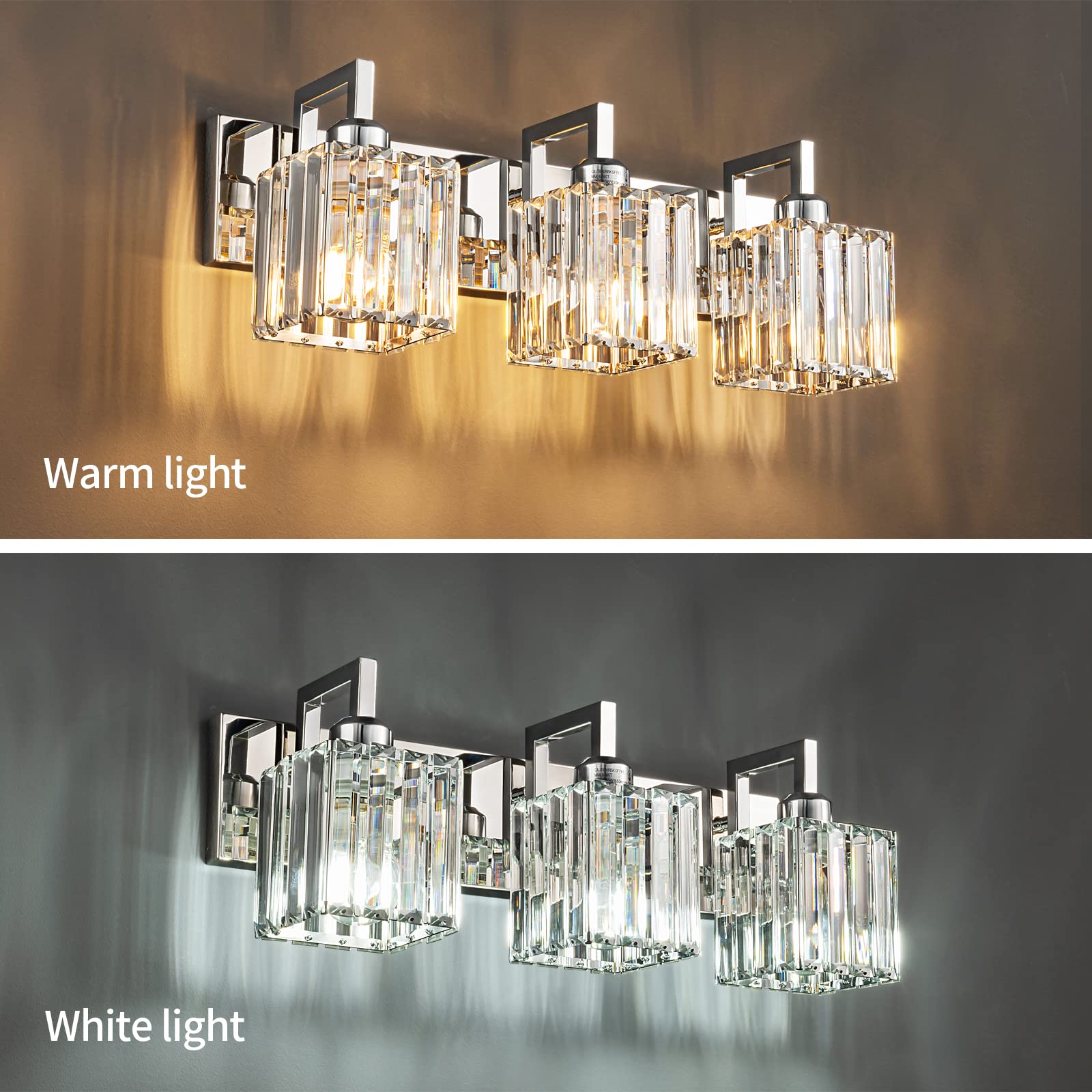 Modern Chrome Crystal Bathroom Vanity Light - 3-Light Wall Sconce with Elegant Crystal Accents for Bathroom, Powder Room & Dressing Area - Perfect for Makeup, Shaving & Ambient Lighting
