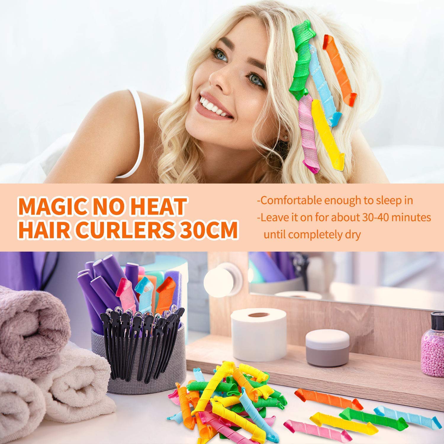 Evolluxi 30cm Spiral Hair Curlers - No Heat Curling Styling Kit for Women & Girls (28-Pack) | Creates Beautiful Waves & Curls on Short & Long Hair | Perfect for Home, Salon, Parties & Everyday Styling