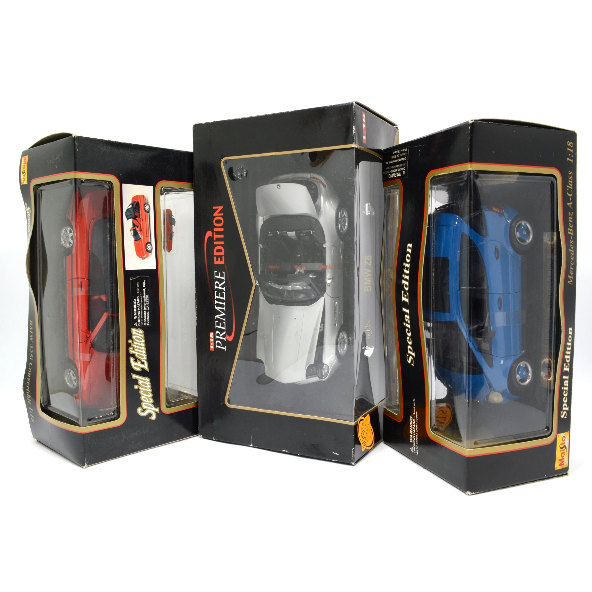3-Piece Maisto Diecast Car Collection - 1:18 Scale BMW Z8, 325i Convertible & Mercedes A-Class - Premium Model Cars for Display, Collecting & Gifting
