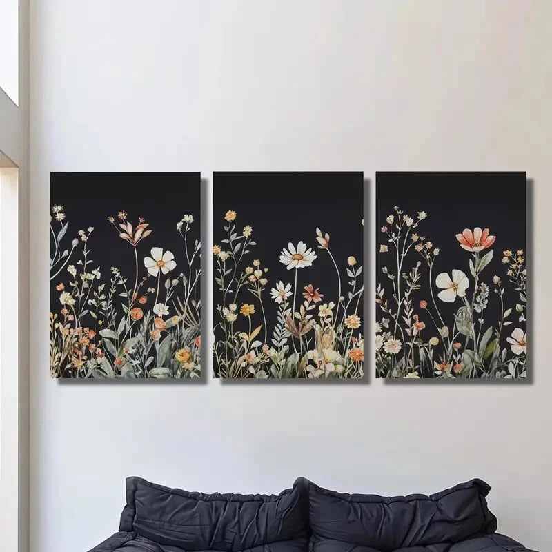 3-Piece Simple Floral Decorative Metal Wall Art Print - Ready to Hang - Black Background - Perfect for Living Room, Bedroom & Office Decor