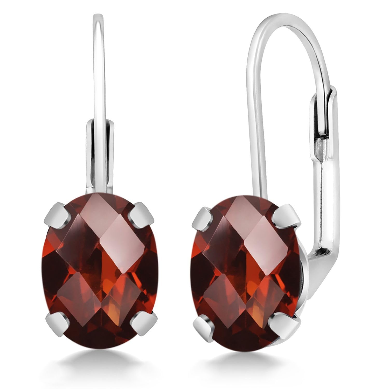 2.80 Ct Oval Checkerboard Red Garnet 925 Sterling Silver Earrings for Women | Gem Stone King | Elegant Dangle Earrings for Parties, Weddings & Special Occasions