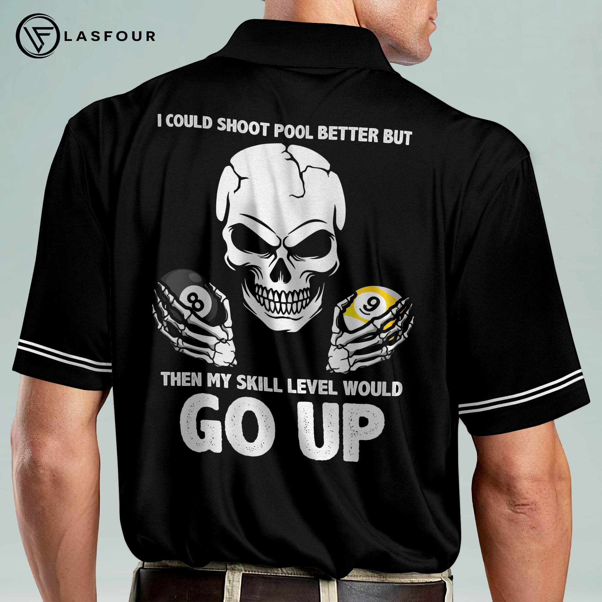 LASFOUR Custom Billiard Polo Shirts for Men - Funny Skull Print Short Sleeve Shirts - Perfect for Pool Parties, Casual Wear & Billiard Tournaments