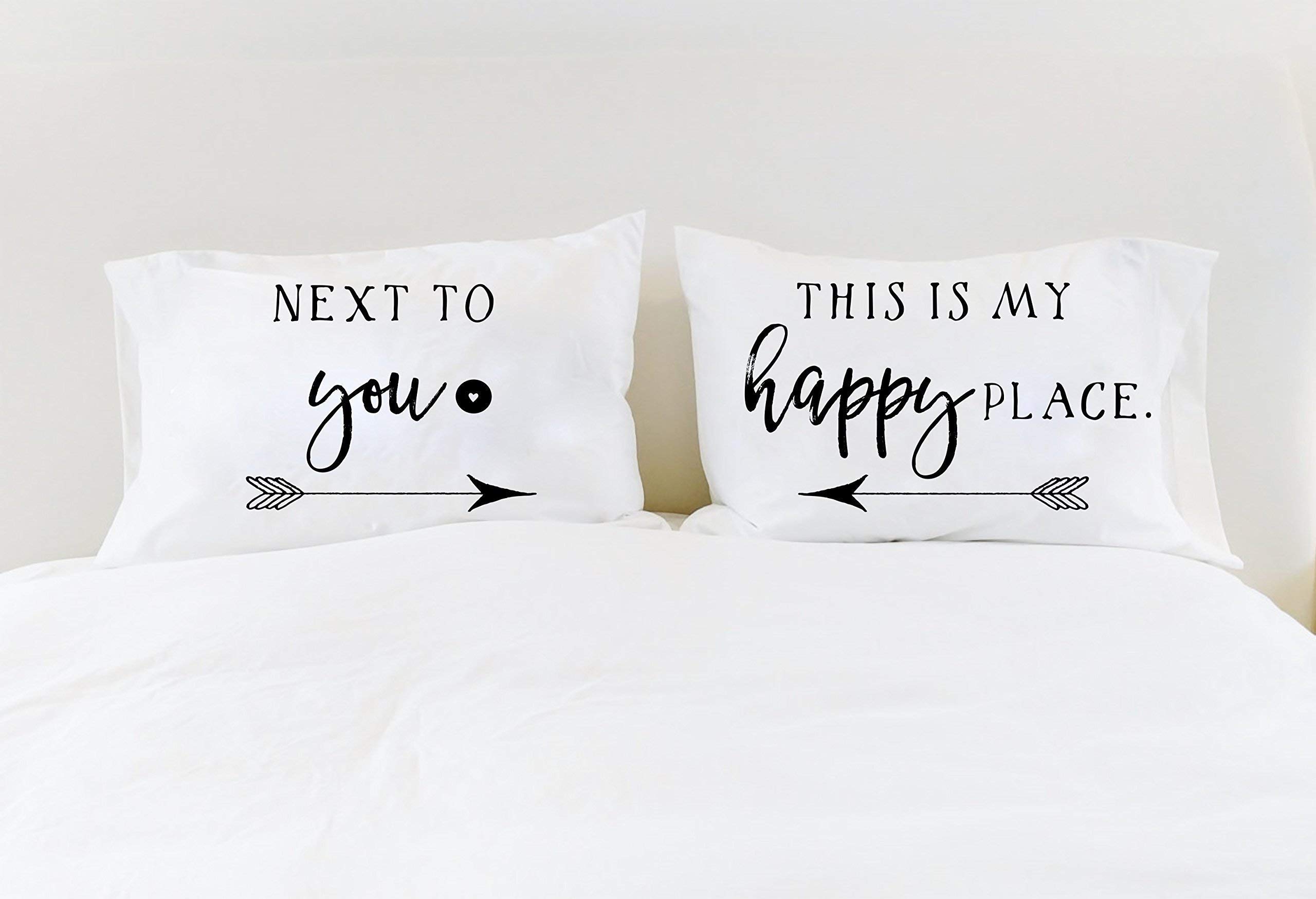 Happy Place His and Hers Pillowcases for Couples - 'Next to You This is My Happy Place' - Soft Matching Bedding Set for Romantic Nights & Anniversary Gifts
