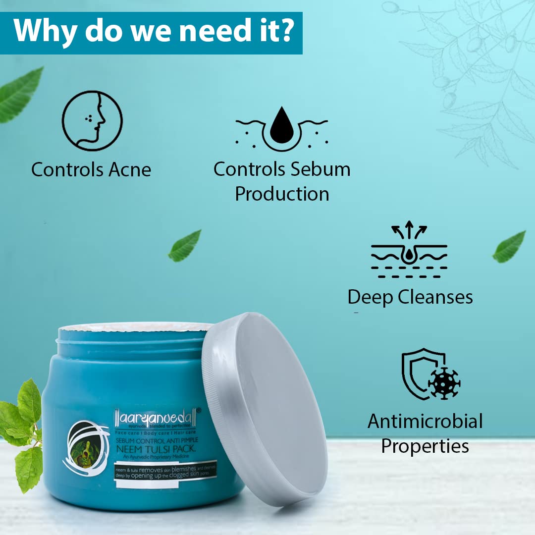 Aryanveda Neem Tulsi Face Pack Cream for Acne & Dark Spots - Oil Control & Skin Purifying Treatment - Reduces Sebum Production & Unclogs Pores - 400g for Sensitive & Acne-Prone Skin - Perfect for Daily Skincare Routine & Blemish Control