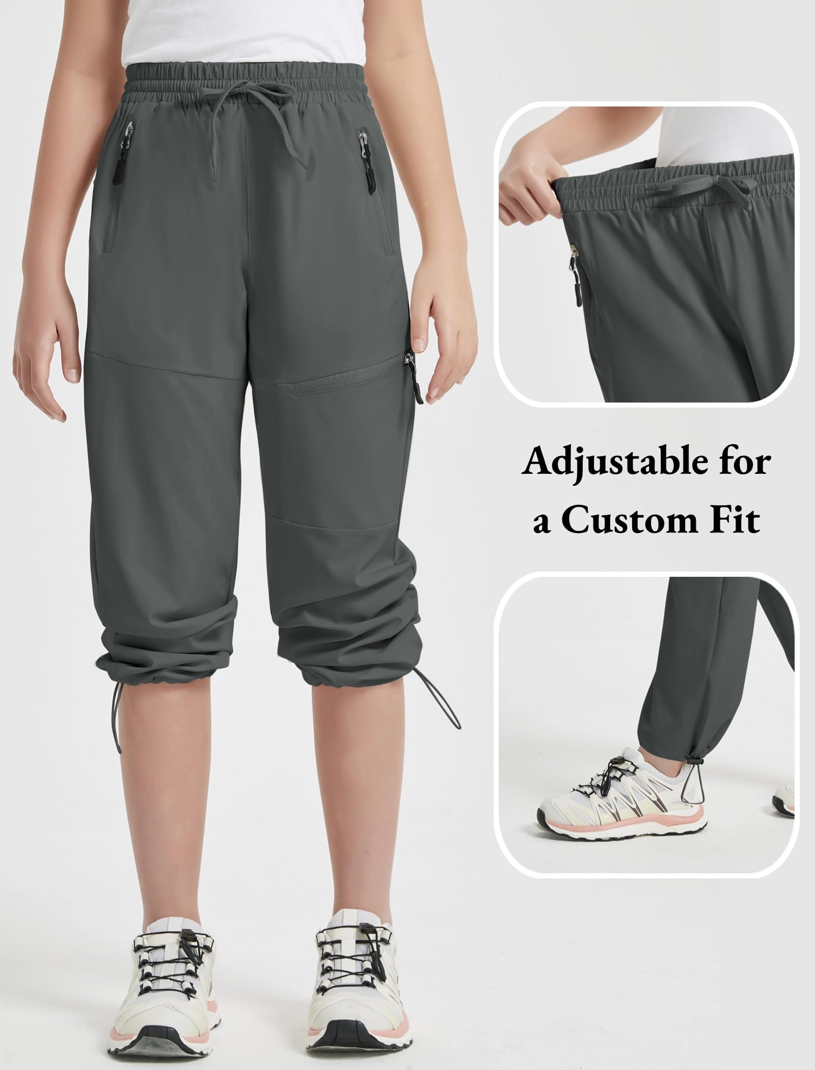EXARUS Girls Water Resistant Jogger Pants - Quick Dry Lightweight Hiking Pants with Zip Pockets for Kids 6-14 Years | High Waisted Athletic Pants for Outdoor Activities, School & Play