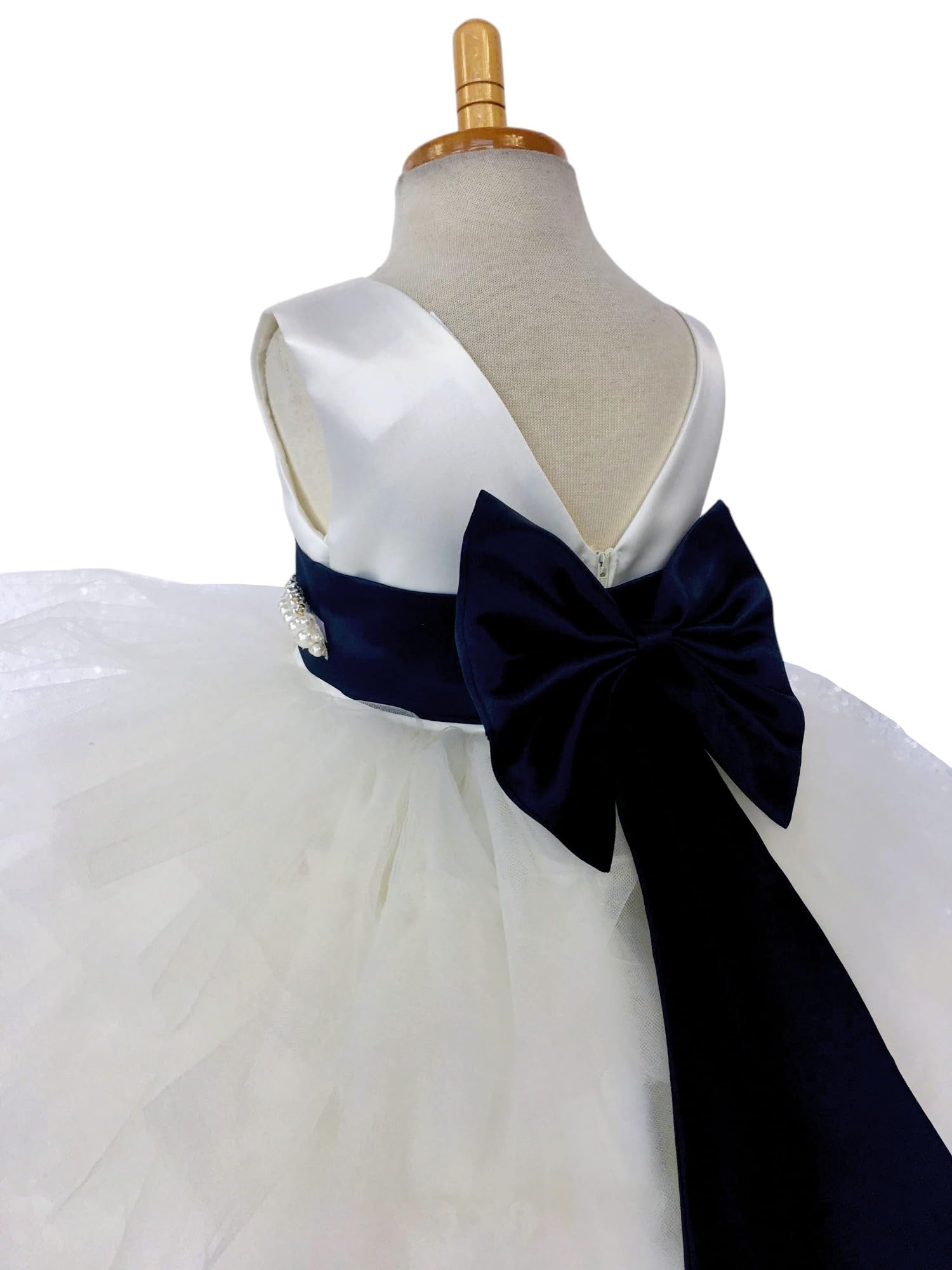 Ivory Sleeveless High-Low Tulle Flower Girl Dress with Ruffle Trim - Perfect for Weddings, Birthday Parties & Special Occasions (Size 16, Includes Navy Blue Accessories)
