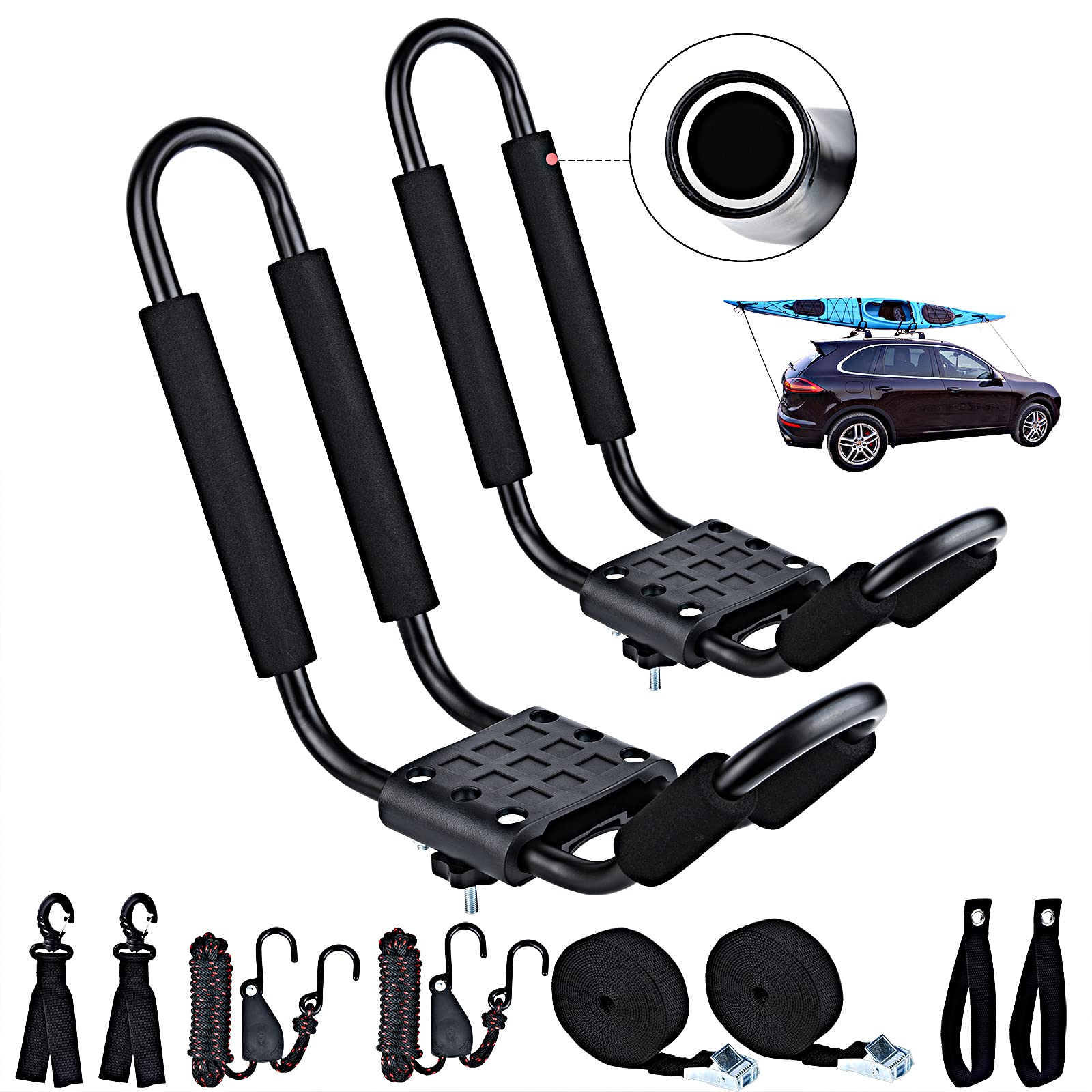 Universal J Bar Kayak Roof Rack - Heavy Duty Kayak Carrier for Kayaks, Canoes, Surfboards, Ski & SUP Paddle Boards - Secure Rooftop Mount for SUV, Car & Truck (1 Pair) - Perfect for Outdoor Adventures, Beach Trips & Water Sports