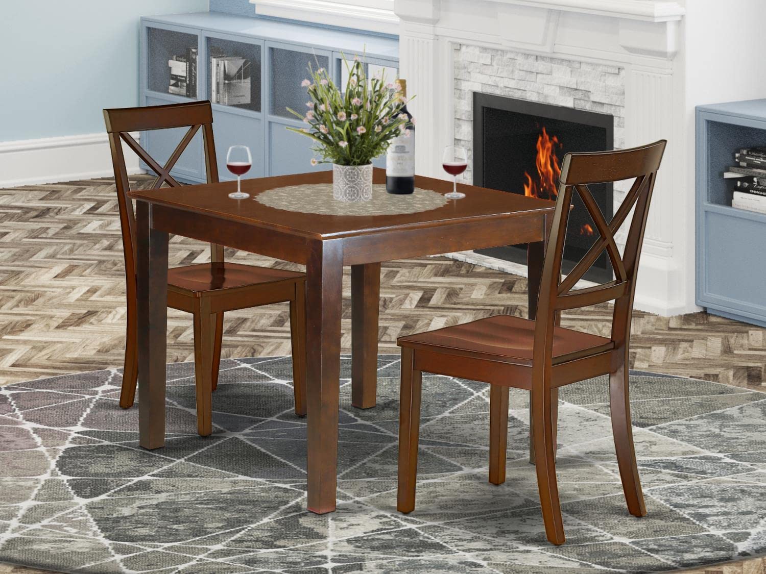 East West Furniture OXBO3-MAH-W 3-Piece Mahogany Dining Set - 36x36 Inch Square Kitchen Table with 2 Chairs | Perfect for Small Spaces, Breakfast Nooks & Cozy Apartments