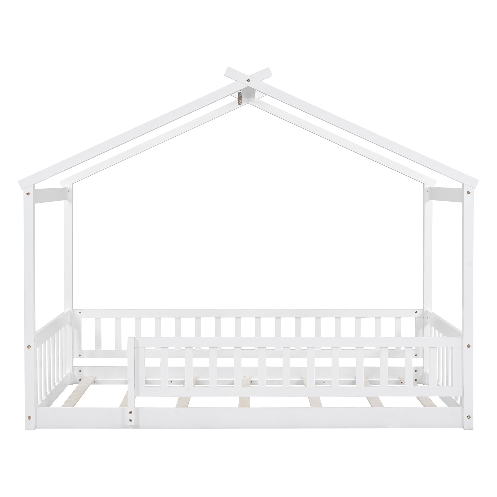 Montessori Wooden Twin Size House Bed with Safety Fence - Kids Floor Bed Frame for Boys & Girls - White Playhouse Bed for Bedroom, Nursery or Playroom