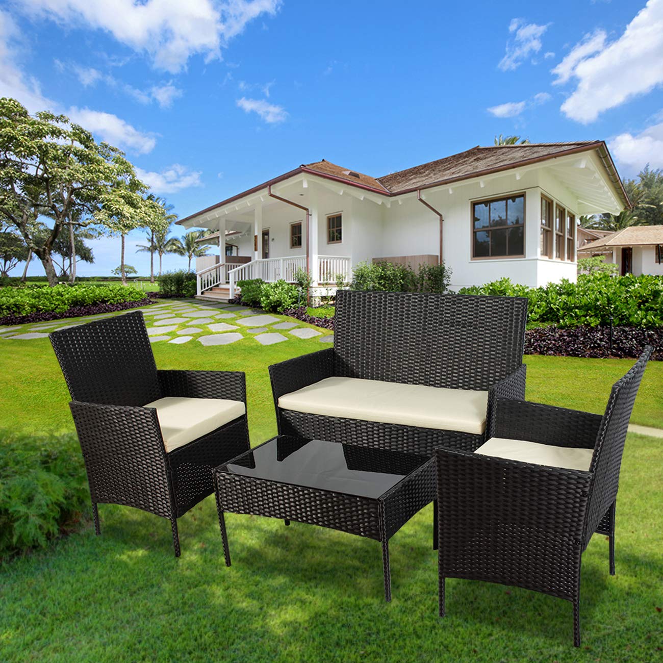 X&T 4-Piece Outdoor Patio Furniture Set - PE Rattan Wicker Chairs with Bistro Table, Weather-Resistant Garden Conversation Set for Balcony, Porch, Backyard (Red) - Perfect for Outdoor Dining, Relaxing & Entertaining Guests