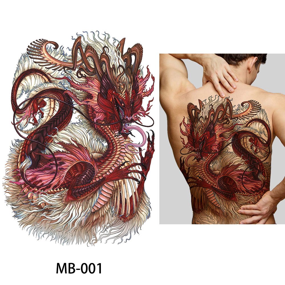 Glaryyears Large Full Back Temporary Tattoo - 3 Pack Realistic Fake Tattoo Stickers for Adults (Dragon & Tiger Designs) - Perfect for Halloween, Cosplay & Body Art