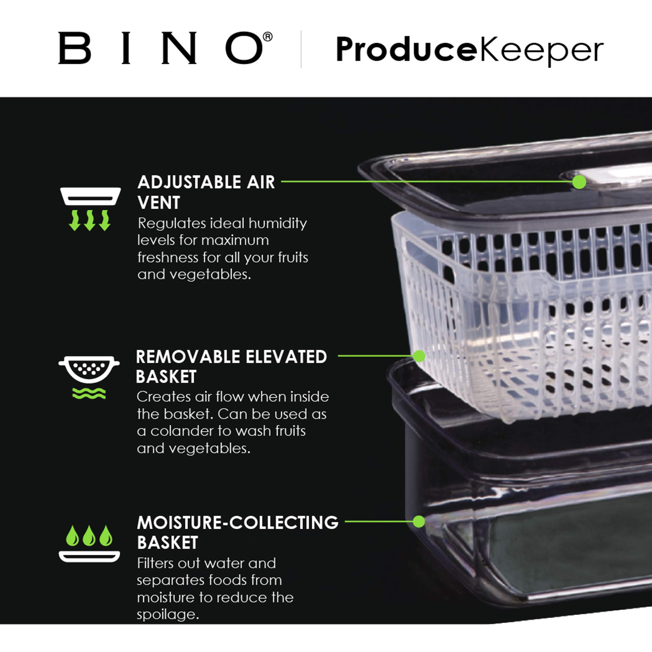 BINO | 5.6L (23.7 Cup) Fresh Produce Saver | Airtight Fridge Storage Containers for Fruits & Vegetables | Adjustable Vent & Removable Basket | BPA-Free Kitchen Organizer | Perfect for Meal Prep & Extending Food Freshness