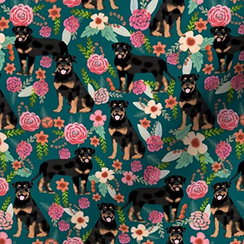 Rottweiler Floral Dog Print Upholstery Velvet Fabric by The Yard - Spring Pet Portrait Design for Home Decor, Apparel & DIY Projects | Durable Bottomweight Material for Curtains, Pillows & Clothing