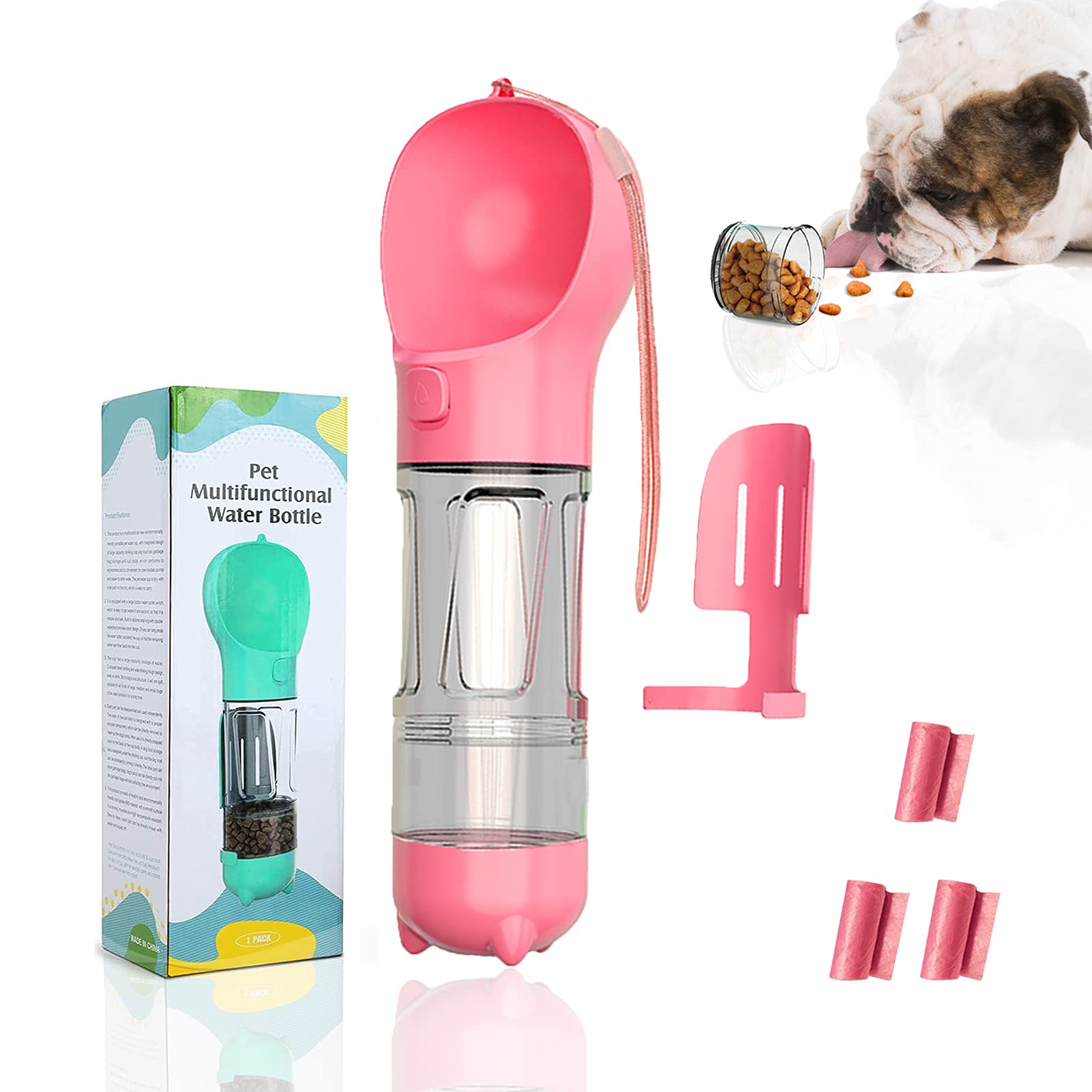 10oz Leak-Proof Portable Dog Water Bottle with Food Container & Waste Bag - Pink Pet Travel Accessories for Hiking, Walking & Outdoor Adventures