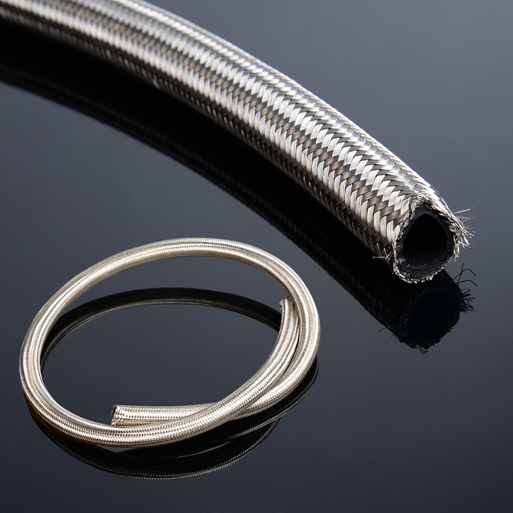 PIT66 AN10 16.4Ft Stainless Steel & Nylon Braided Fuel Line Hose Kit with Fitting Adapters (21mm OD, 14mm ID) - High Performance for Automotive, Marine & Industrial Fuel Systems