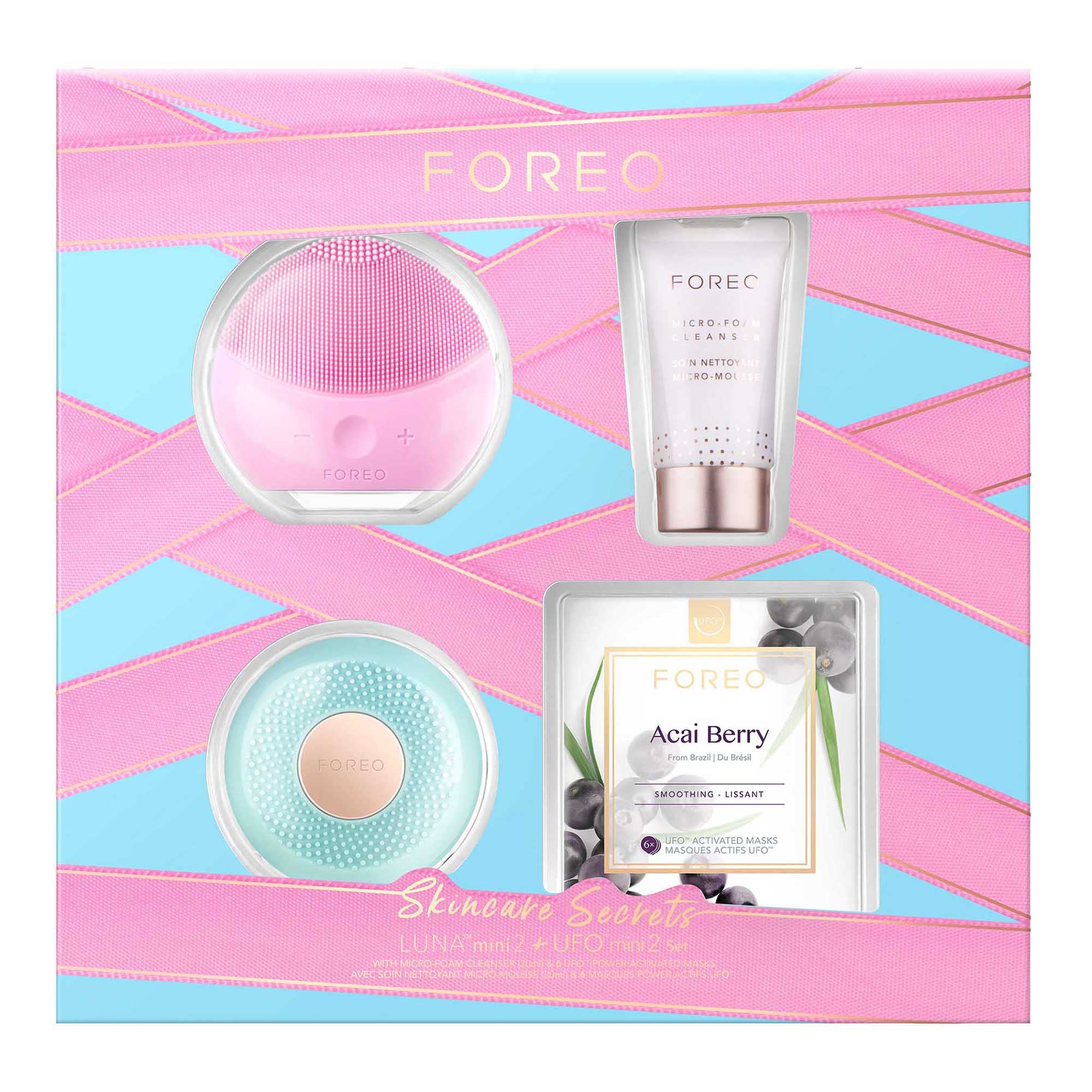FOREO LUNA Mini 2 Facial Cleansing Brush & UFO Mini 2 Smart Mask Device with Micro-Foam Cleanser (20ml) and 6 UFO Power Activated Masks - Complete Skincare Set for Deep Cleansing & Anti-Aging at Home