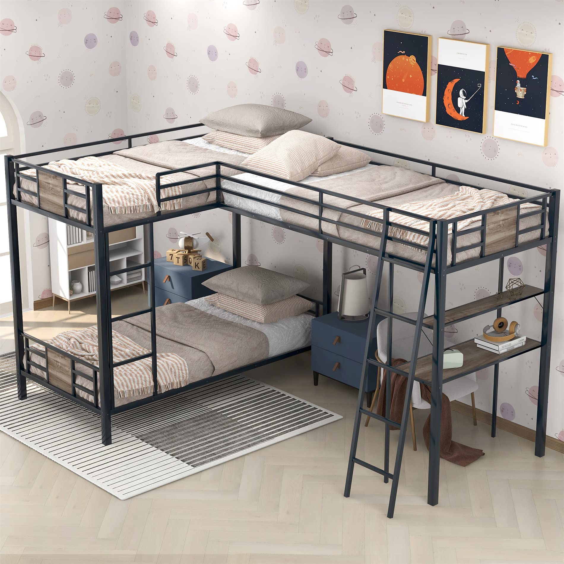 Harper & Bright Designs Metal Triple Bunk Bed with Desk - L-Shaped Twin Bunk Bed & High Loft Bed with Storage Shelves | Space-Saving 3-in-1 Bunk Bed for Kids & Teens (Boys & Girls) in Brown | Perfect for Small Bedrooms, Shared Kids Rooms & Vacation Homes