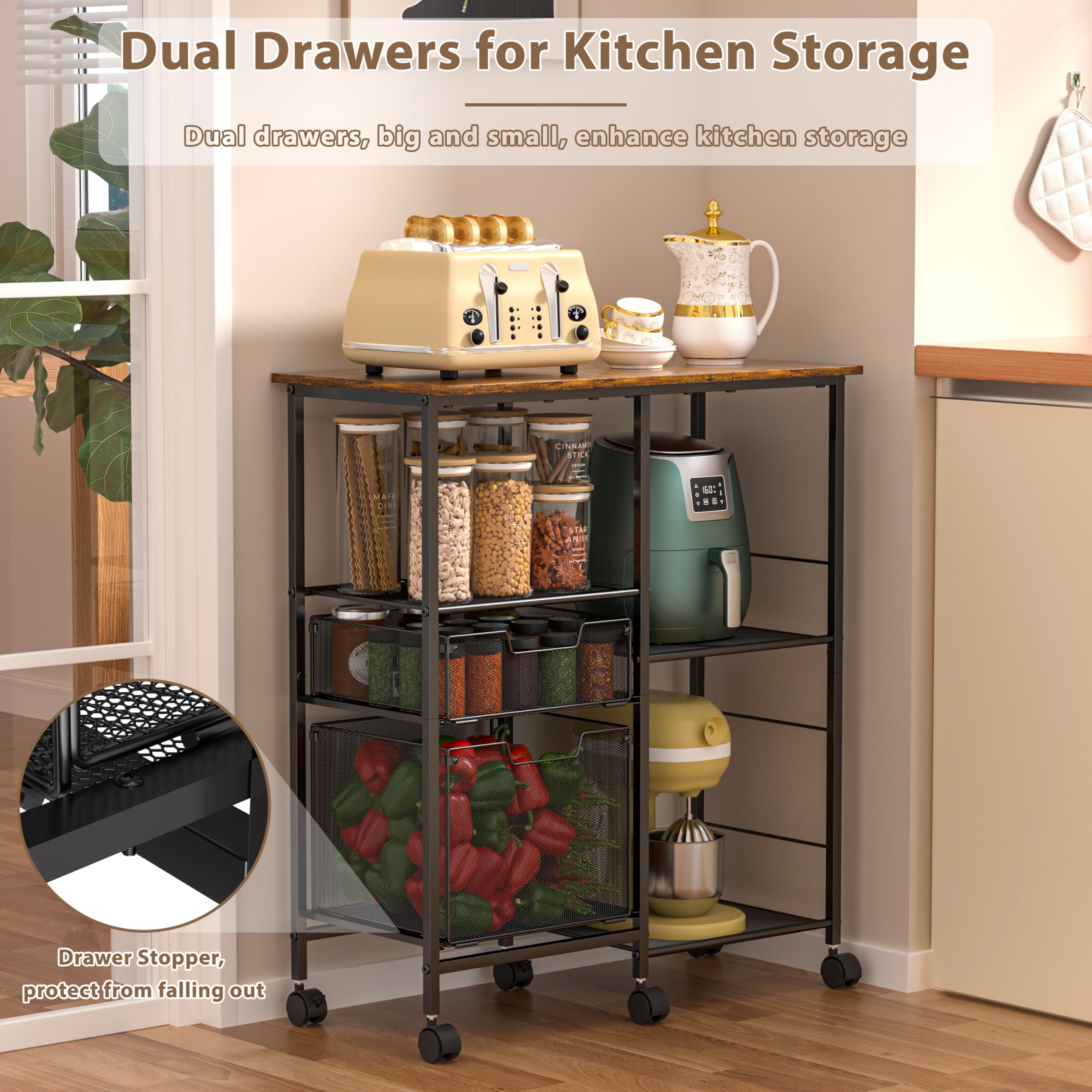 Rolling Microwave Cart with Storage & Drawers - Mobile Kitchen Island Cart with Wheels, Bakers Rack & Coffee Bar Station - Perfect for Small Kitchens, Apartments & Pantry Organization