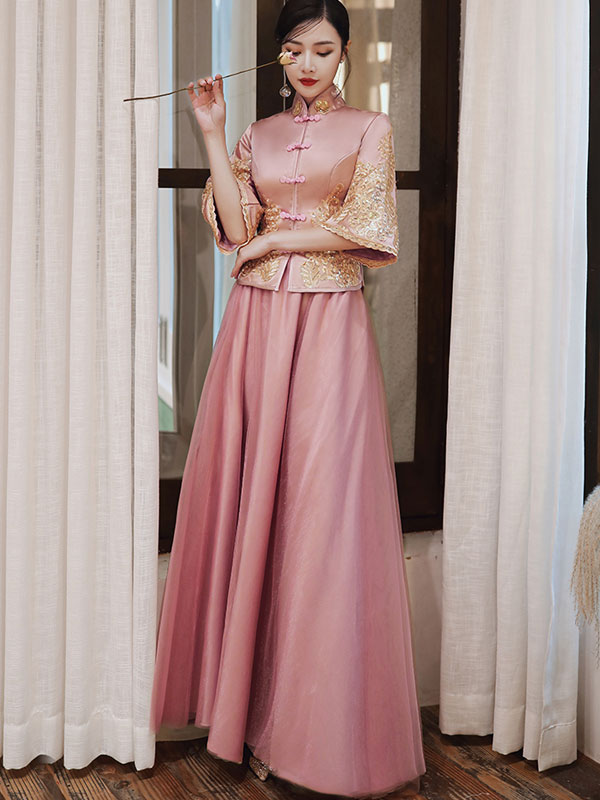 Elegant Pink and Gray Bridesmaid Dresses for Wedding - Traditional Chinese Xiu He Qun Kwa Outfit - Perfect for Bridal Party, Tea Ceremony, and Cultural Celebrations