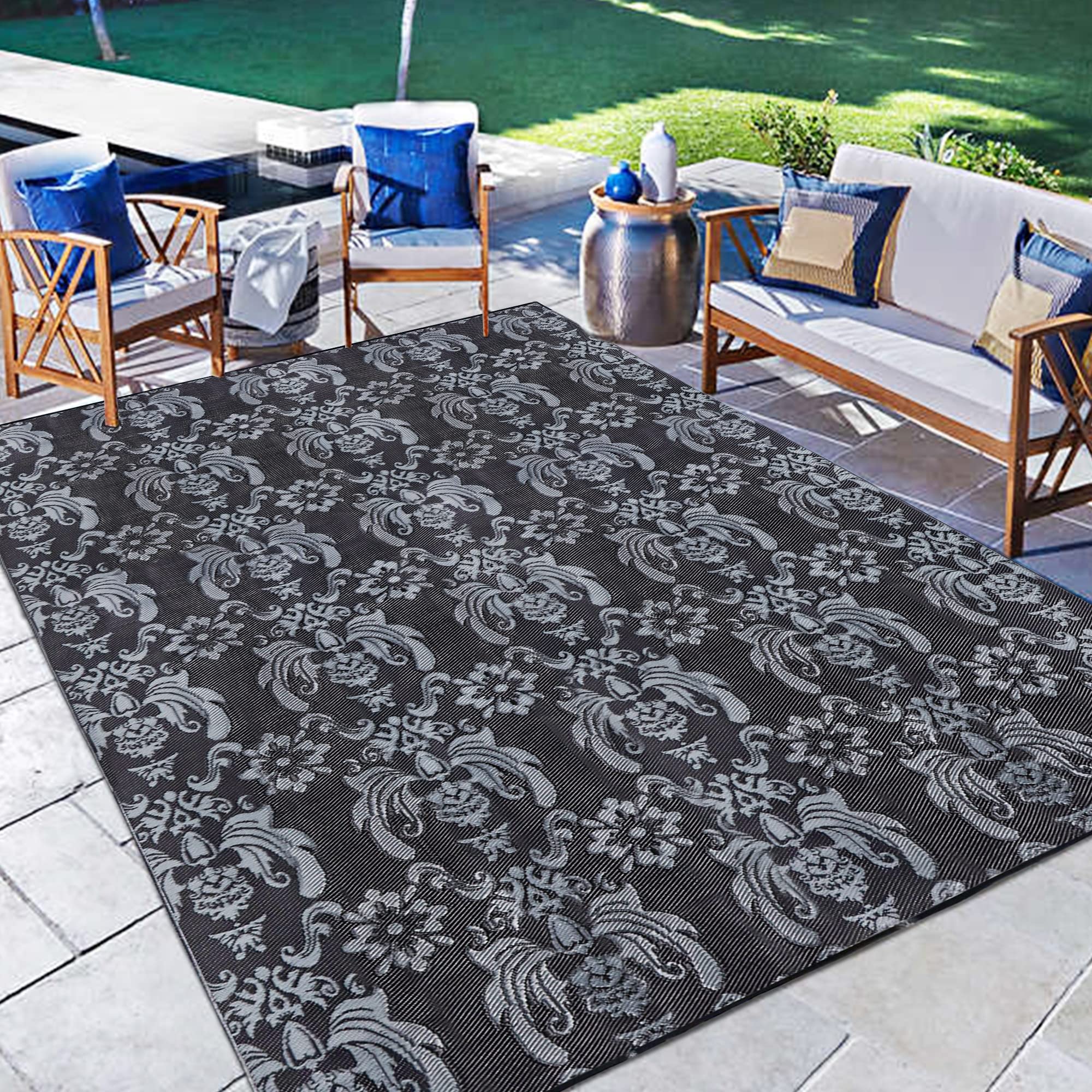 Ridota Reversible Outdoor Patio Rug - Plastic Straw Woven Modern Area Rug - Large 9' x 12' Floor Mat for RV, Deck, Backyard, Beach, Camping - Baroque Black & Grey - Perfect for Picnics, Poolside Lounging & Summer Entertaining