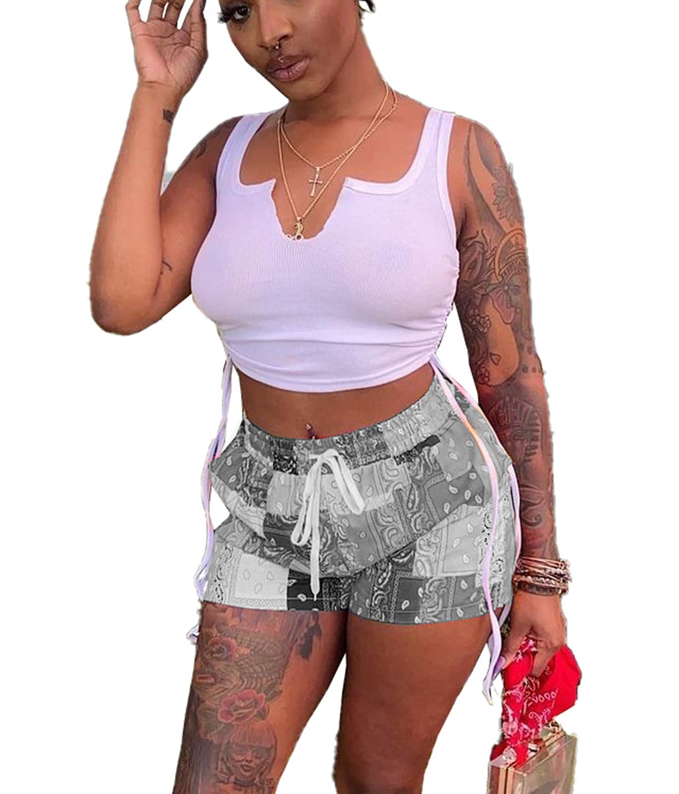 Acalyn Women's Sexy 2-Piece Short Sets - Summer Crop Top & Patchwork Shorts Outfit | Casual Wear, Beach Vacation, Street Fashion, Lounge Outfits for Women
