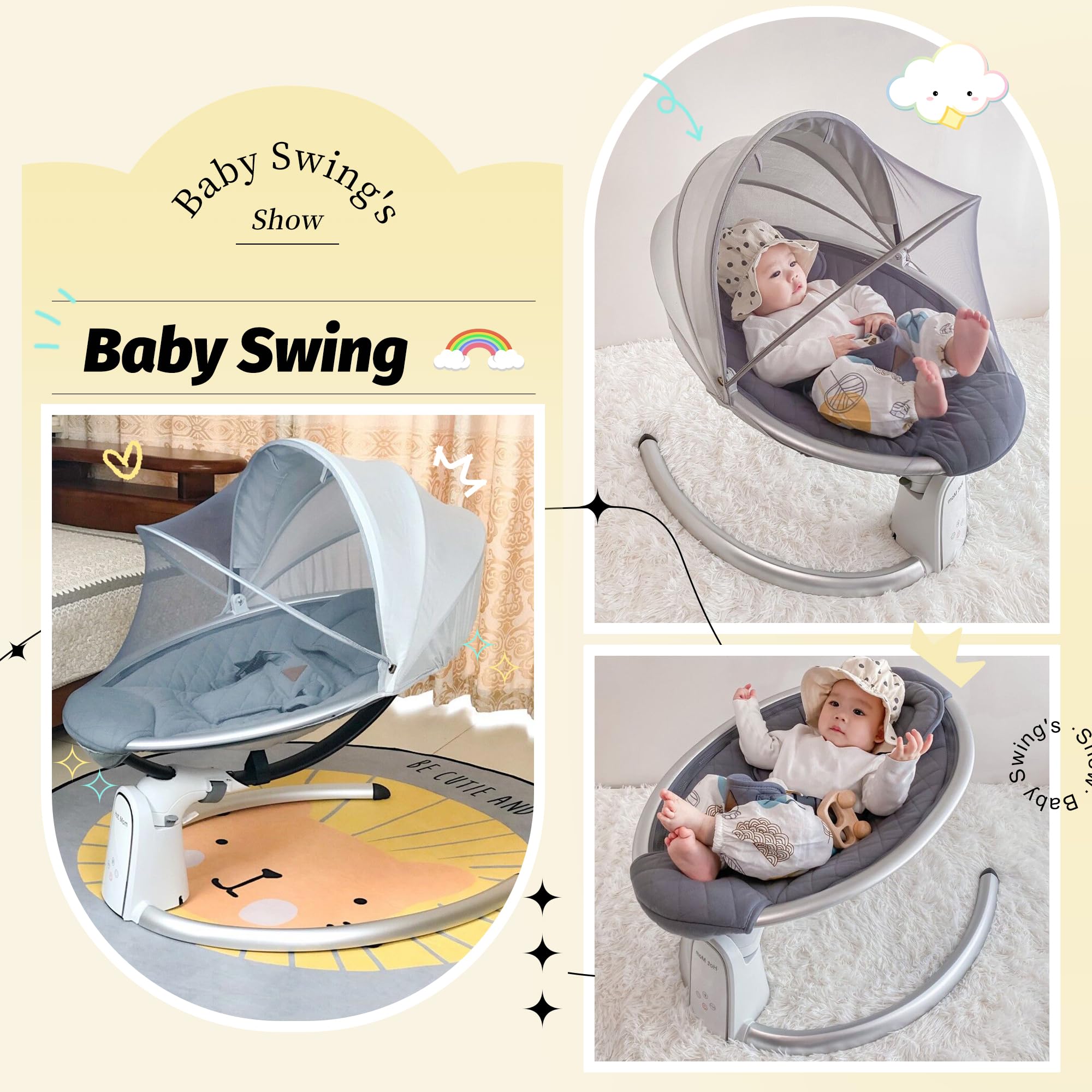 Smart Bluetooth Baby Swing with Music Speaker - Automatic Electric Baby Bouncer & Rocker for Infants - LED Touch Screen, Intelligent Timing - Perfect for Nursery, Daycare & Home Use (Grey)