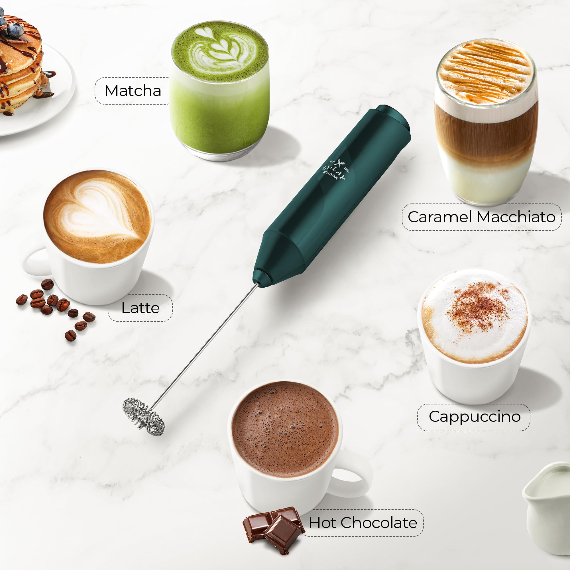 Zulay Kitchen Powerful Milk Frother Handheld - Stainless Steel Battery Operated Mini Frother for Coffee, Latte, Cappuccino, Matcha, Hot Chocolate - Perfect for Home, Office & Travel - Dark Green