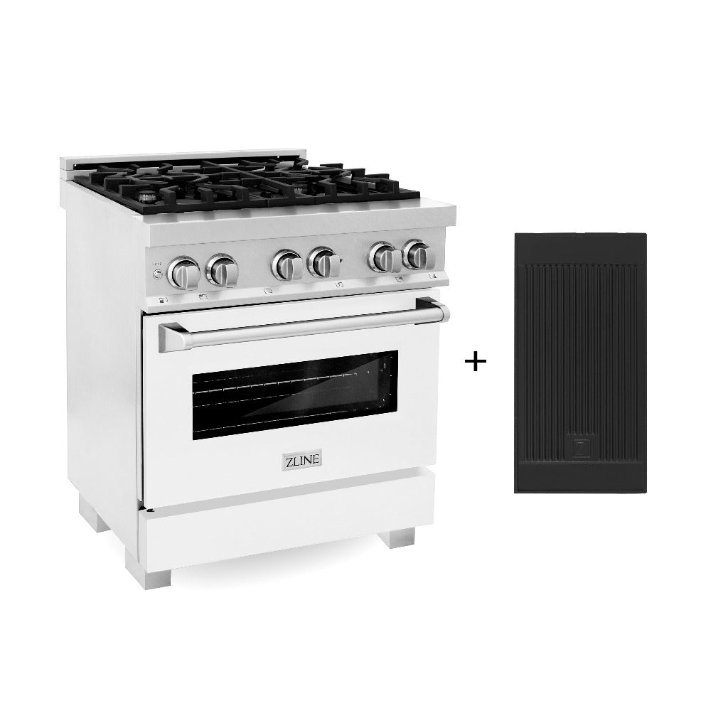 ZLINE 30-inch 4.0 cu. ft. Dual Fuel Range - 4 Burner Gas Cooktop & Electric Convection Oven - Satin Stainless Steel with White Matte Door - Includes Griddle (RAS WM GR 30) - Perfect for Modern Kitchens & Professional Cooking
